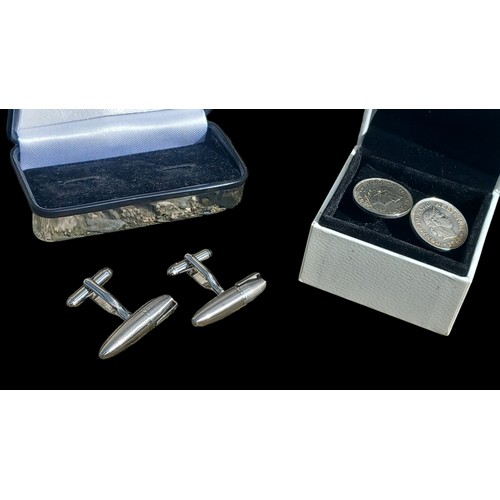 248 - 2 SETS OF BOXED CUFFLINKS- VAN HEUSEN WORKING BALL POINT PENS, AND A SET MADE WITH SWISS 20 CENTIMES