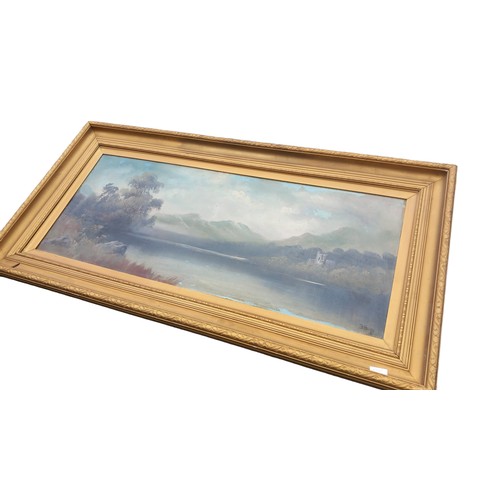 90 - A LARGE ANTIQUE OIL ON BOARD IN A QUALITY ANTIQUE GILT FRAME SIGN J. HAYES MEASURES 27 x 52