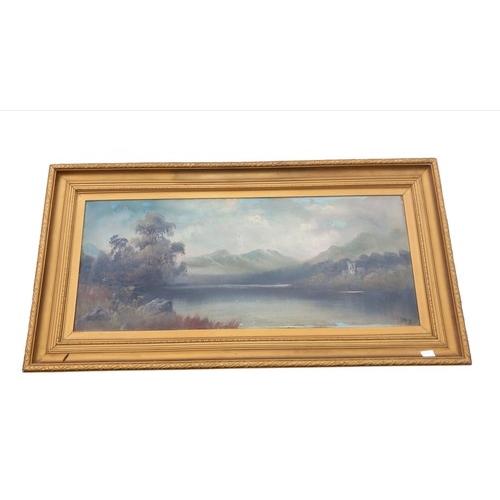 90 - A LARGE ANTIQUE OIL ON BOARD IN A QUALITY ANTIQUE GILT FRAME SIGN J. HAYES MEASURES 27 x 52