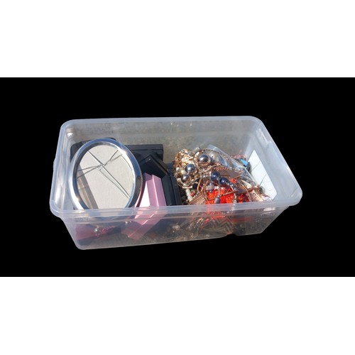 311 - A LARGE BOX OF COSTUME JEWELLERY, PURSES, PHOTO FRAMES ETC