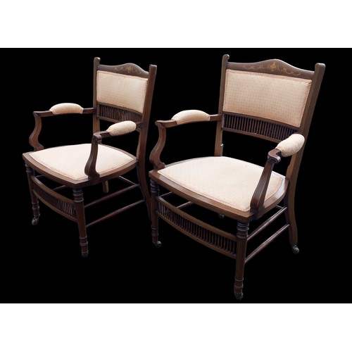 385 - STUNNING QUALTIY PAIR OF ANTIQUE LADIES & GENTS INLAID CHAIRS IN EXCELLENT CONDITION