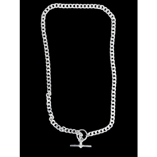 437 - A LONG HEAVY SILVER FLATLINK CHAIN WITH T.BAR 13.85 grm and 17