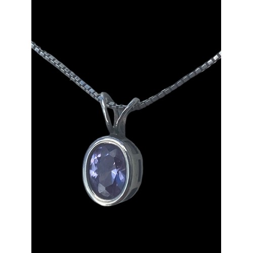 466 - A SILVER AMETHYST PENDANT ON A SILVER BOX LINK CHAIN