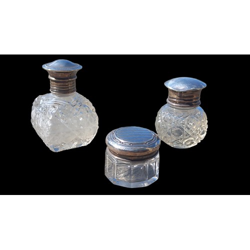 484 - A SILVER TOPPED JAR & 2 SILVER TOPPED BOTTLES