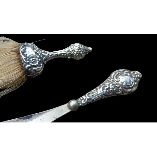 506 - A CHESTER SILVER SHOE HORN AND SILVER TABLE TOP BRUSH