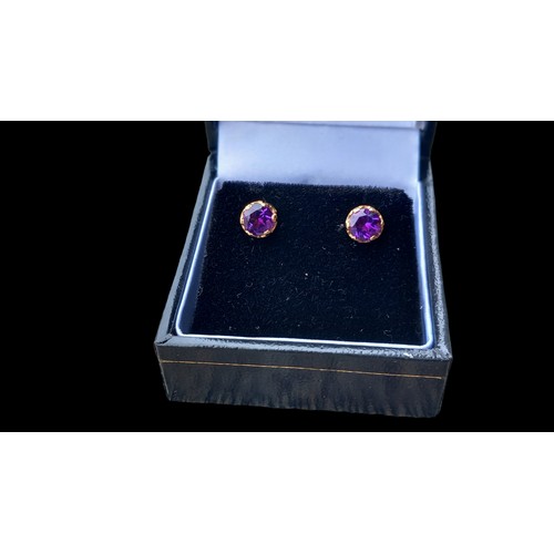 598 - 9ct YELLOW GOLD ROUND CUT AMETHYST SINGLE STONE CLAW SET EARRINGS