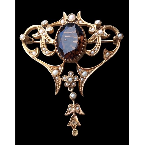 602 - FANCY OPEN WORK BROOCH WITH CENTRE OVAL OPAL BROWN QUARTZ STONE SET PEARLS AND DROP ON GOLD PIN WITH... 