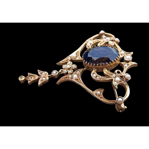 602 - FANCY OPEN WORK BROOCH WITH CENTRE OVAL OPAL BROWN QUARTZ STONE SET PEARLS AND DROP ON GOLD PIN WITH... 