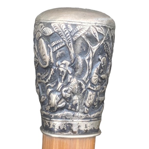 575 - A BAMBOO ORIENTAL SILVER TOPPED SWAGGER STICK 35