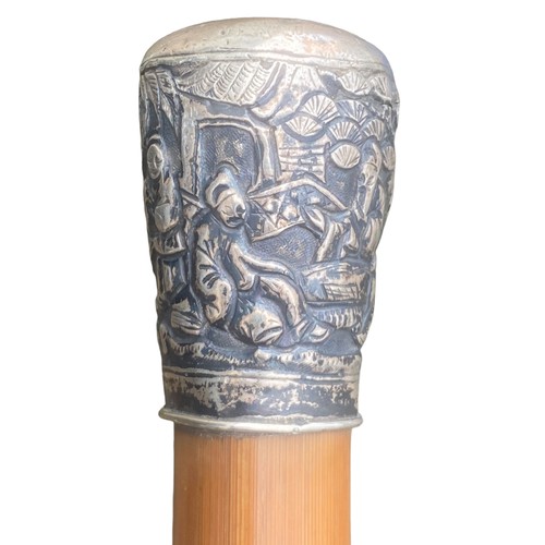 575 - A BAMBOO ORIENTAL SILVER TOPPED SWAGGER STICK 35