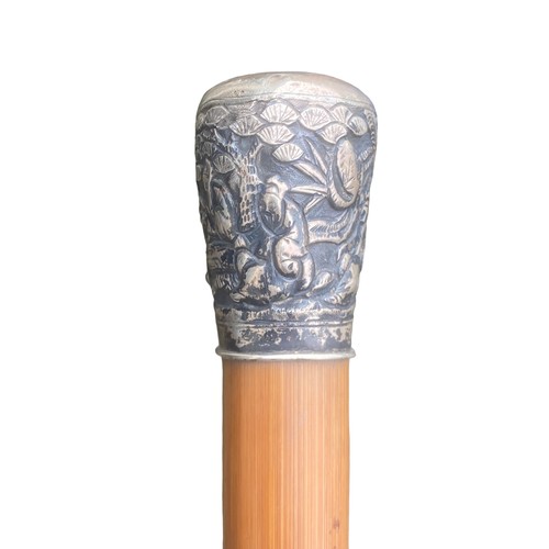 575 - A BAMBOO ORIENTAL SILVER TOPPED SWAGGER STICK 35