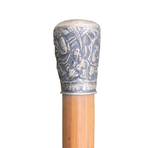 575 - A BAMBOO ORIENTAL SILVER TOPPED SWAGGER STICK 35