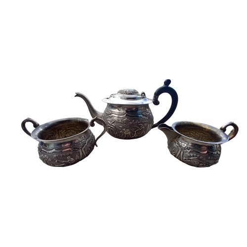 581 - A 3 PIECE STERLING SILVER TEA SERVICE IN ORNATE ORIENTAL PATTERN        grm