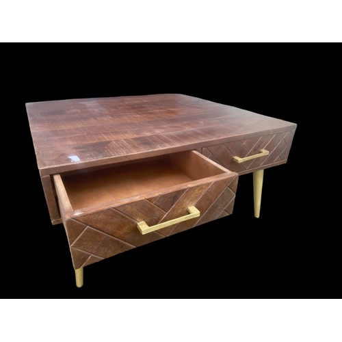 629 - A DOUBLE SIDED 2 DRAWER COFFEE TABLE ON A GILT LEG