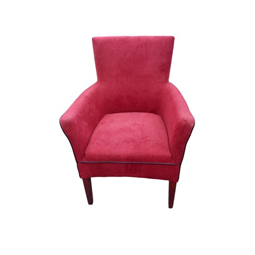 656 - A RED FABRIC CHAIR WITH BLACK LEATHER TRIM