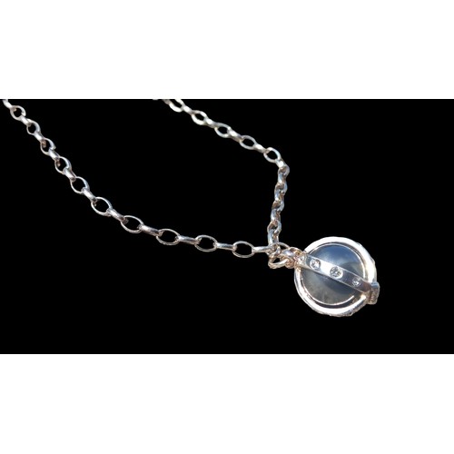 682 - A SILVER PEARL SET ORB CHARM ON BELCHER LINK BRACELET WITH T.BAR