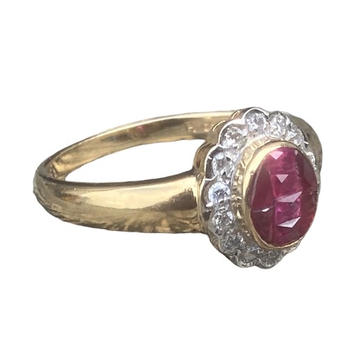 576B - YELLOW GOLD RUBY AND DIAMOND RING SIZE N 3.33gms