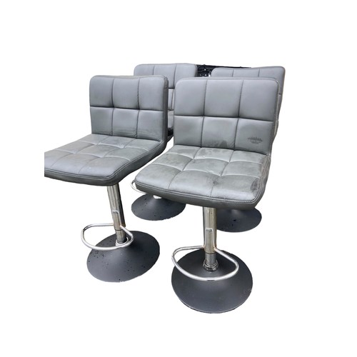 61 - 4 GREY LEATHER GAS LIFT HIGH CHAIRS (FEW MARKS)