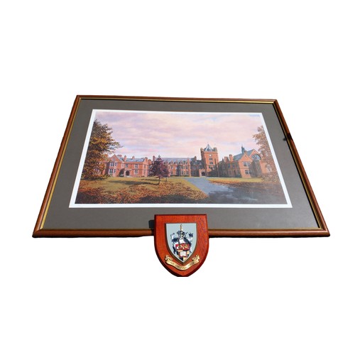 104 - A LIMITED EDITION PRINT OF CAMPBELL COLLEGE AND COAT OF ARMS PLAQUE  FOR SAME