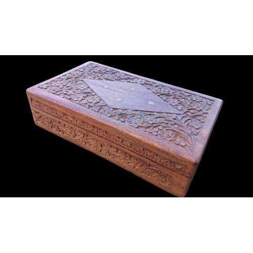 139 - SMALL WOODEN BOX CARVED WITH SHAMROCKS AND INLAID BRASS 10x6x3