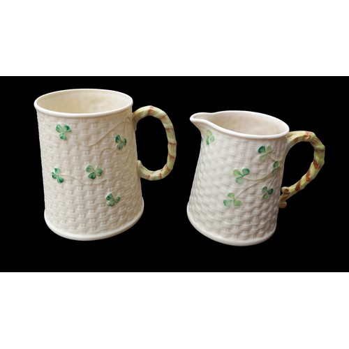 141 - A BELLEEK SHAMROCK MILK JUG & MUG