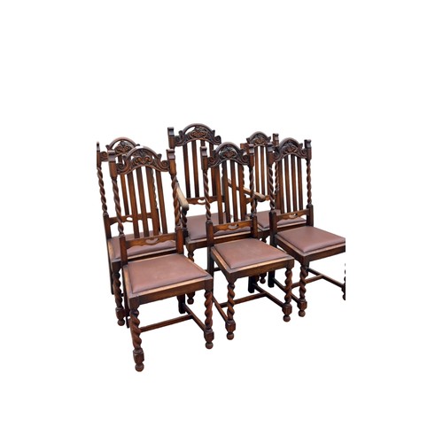 162 - A SET OF 6 QUALITY ANTIQUE OAK CARVED BARLEY TWIST CHAIRS 1 CARVIER