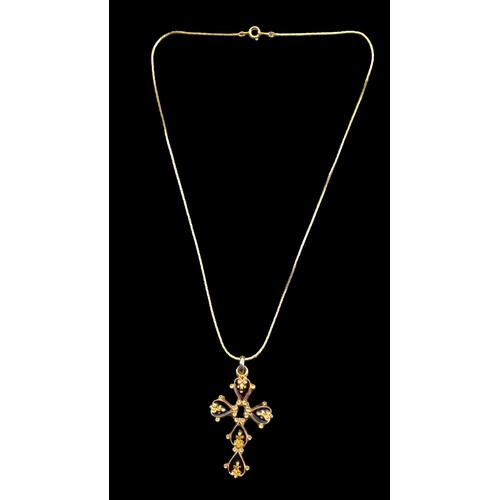 182 - A GOLD TONE AND ENAMEL CROSS AND CHAIN