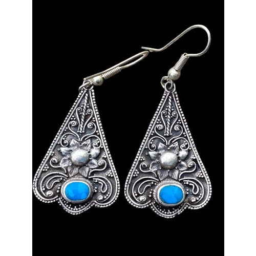 235 - A PAIR OF LARGE ORNATE SILVER EARRINGS SET WITH TURQOUISE