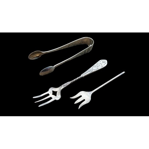 287 - 2 SILVER FORKS AND A PAIR OF SILVER TONGS