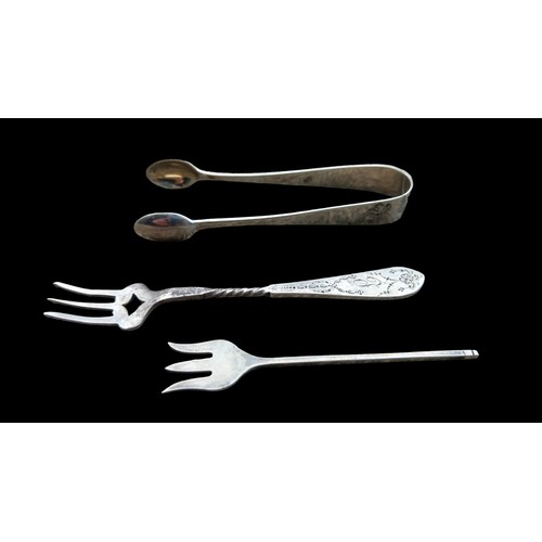 287 - 2 SILVER FORKS AND A PAIR OF SILVER TONGS