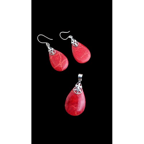 238 - RED STONE SILVER FOB & MATCHING EARRINGS