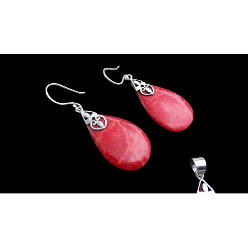 238 - RED STONE SILVER FOB & MATCHING EARRINGS