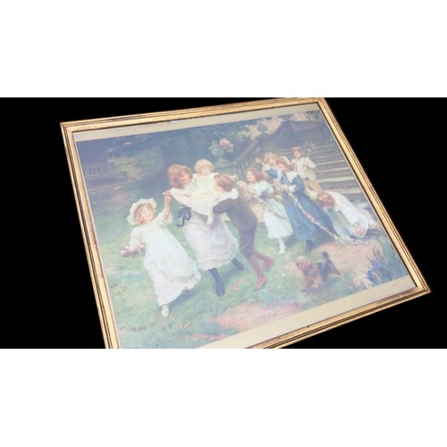 353 - A LARGE WALNUT FRAMED VICTORIAN GARDEN PARTY PRINT 37x32