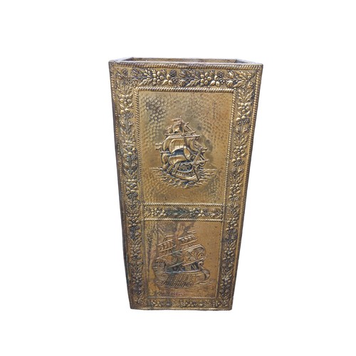 421 - A BRASS STICK STAND NAVAL THEMED WITH LION HEAD HANDLES 24