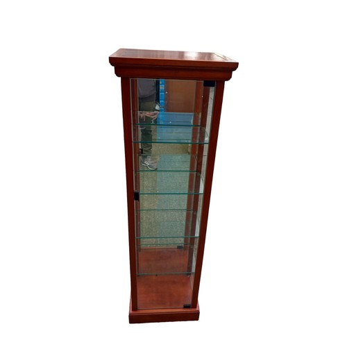 430 - A MAHOGANY DISPLAY UNIT 3 GLASS SHELVES 17 x 13 x 55 1/2