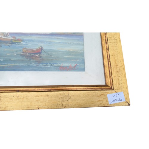 431 - AN OIL ON PANEL BOATS AT BALLYCASTLE BY DAZZEN PAUL 21X14