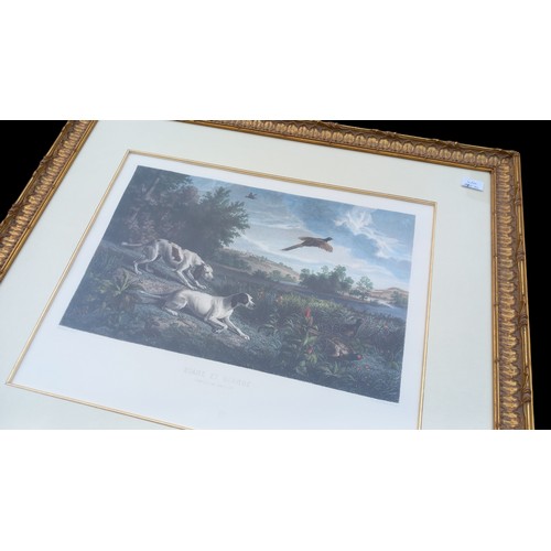 434 - A LARGE FRENCH GILT FRAMED HUNTING SCENE PRINT 34X30