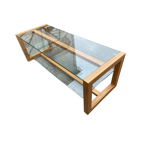 412 - A DESIGNER 2 SHELF OAK & HEAVY GLASS COFFEE TABLE 48 x 12.5