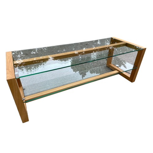 412 - A DESIGNER 2 SHELF OAK & HEAVY GLASS COFFEE TABLE 48 x 12.5