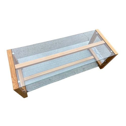 412 - A DESIGNER 2 SHELF OAK & HEAVY GLASS COFFEE TABLE 48 x 12.5