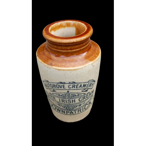 510 - AN ANTIQUE NUTGROVE CREAMERY PURE IRISH CREAM DOWNPATRICK STONEWARE JAR 4.5