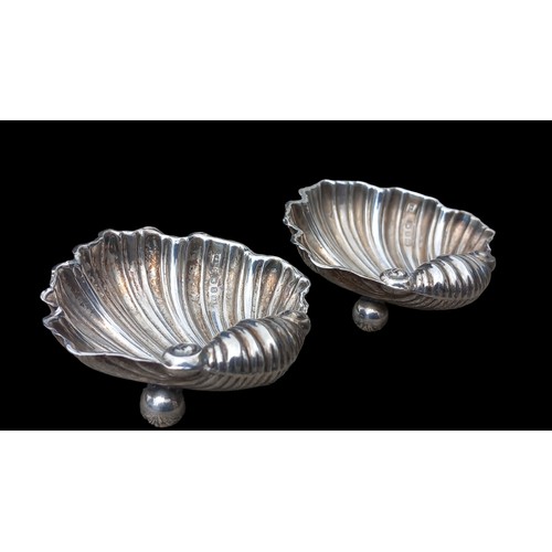 555 - A PAIR OF OF MINITURE SILVER SHELL DISH ON TRIPOD FOOT DATED 1897 BY CRISFORD AND NORRIS 77.7grm