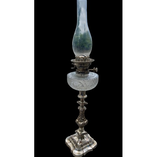 580 - ORNATE PLATED ANTIQUE HAND CUT BOWL OIL LAMP WITH No2 DUPLEX HINKS BURNER AND FUNNEL