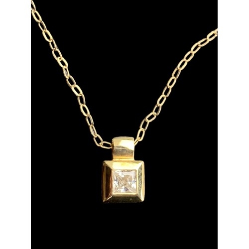 625 - A 9ct GOLD PENDANT SET WITH SQUARE CUT STONE ON A 9ct CHAIN