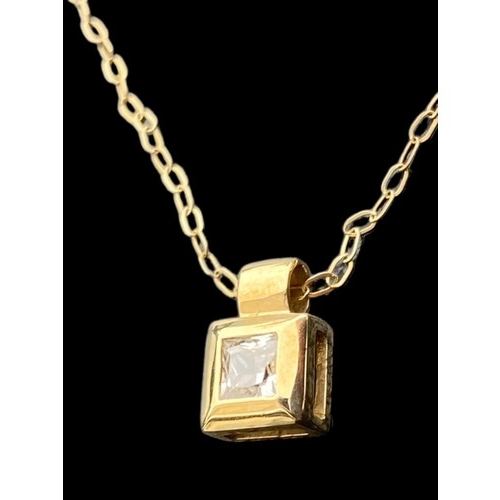 625 - A 9ct GOLD PENDANT SET WITH SQUARE CUT STONE ON A 9ct CHAIN