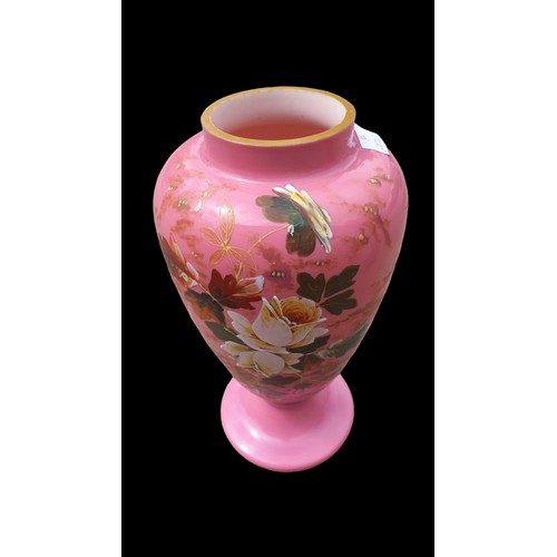 687 - A BEAUTIFUL HAND PAINTED (STILL LIFE) VICTORIAN PINK GLASS VASE  14