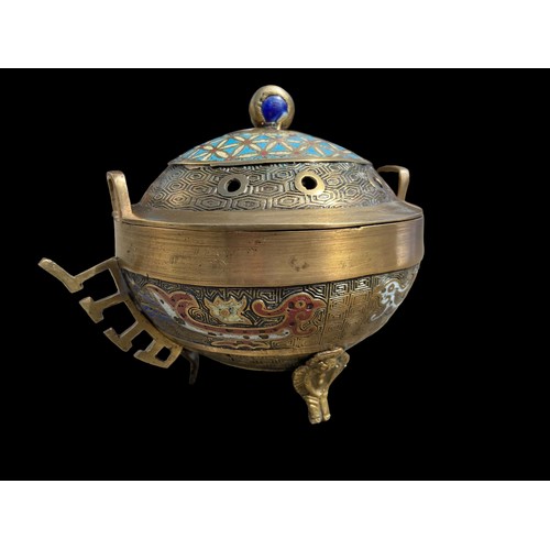 695 - A BEAUTIFUL BRASS & ENAMEL ISLAMIC INSENSE BURNER