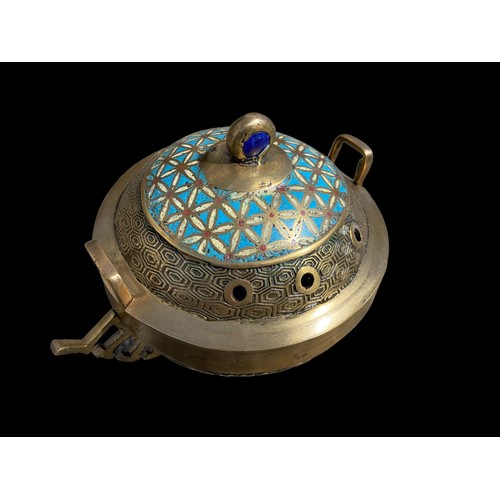 695 - A BEAUTIFUL BRASS & ENAMEL ISLAMIC INSENSE BURNER