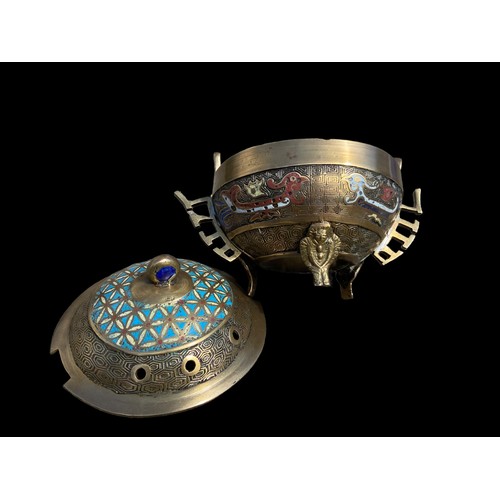 695 - A BEAUTIFUL BRASS & ENAMEL ISLAMIC INSENSE BURNER