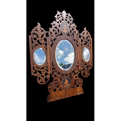 696 - A STUNNING ANTIQUE TRIFOLD FRETWORK MIRROR WITH POKERWORK PANELS 17 x 13